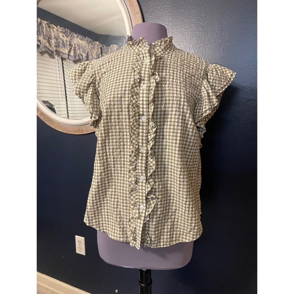 Veronica Beard Jeans Tops - Veronica Beard Jeans Gingham Ruffle Mock Neck Flutter Sleeve Button Up Shirt  L